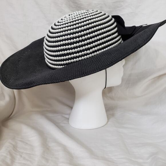 Vintage Whittall & Shon Cartwheel Style Hat Black Faux Pearls on Crown Derby main image 5